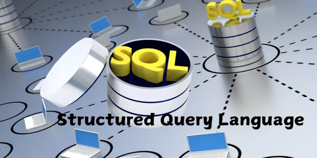 "What is SQL?" illustration featuring database icons, gears, and code elements to represent SQL's use in relational database management.